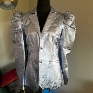 Metallic Silver Leather Blazer with Puff Shoulders - Size 6